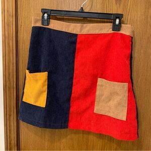 Mod color block corduroy mini skirt, large, high waisted minimalist